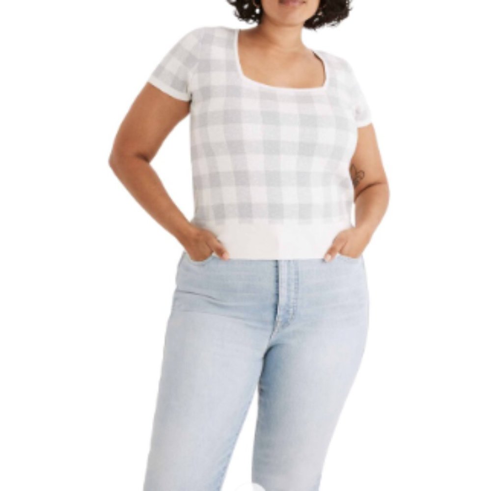 Madewell Square Neck Cotton Sweater Tee Gingham Checks‎ Size XXL